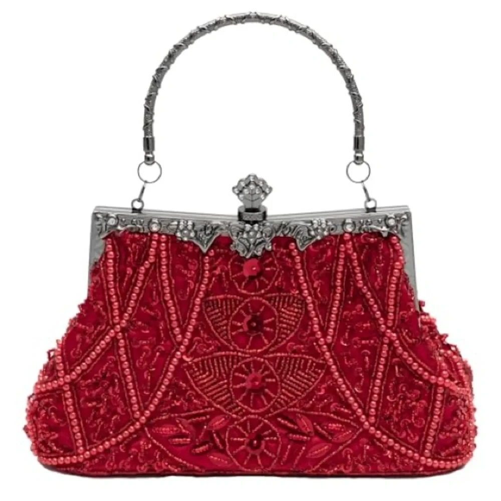 Red Beaded Evening Crossbody Bag with Silver Hardware - Picture 3 of 10